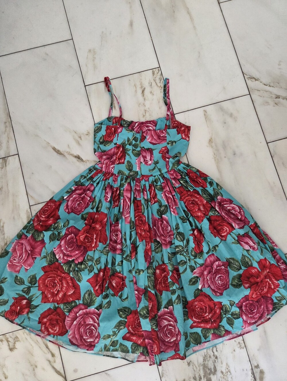 Bernie Dexter Paris Style Red And Pink Large Rose Print Swing Dress Size M - Picture 7 of 8